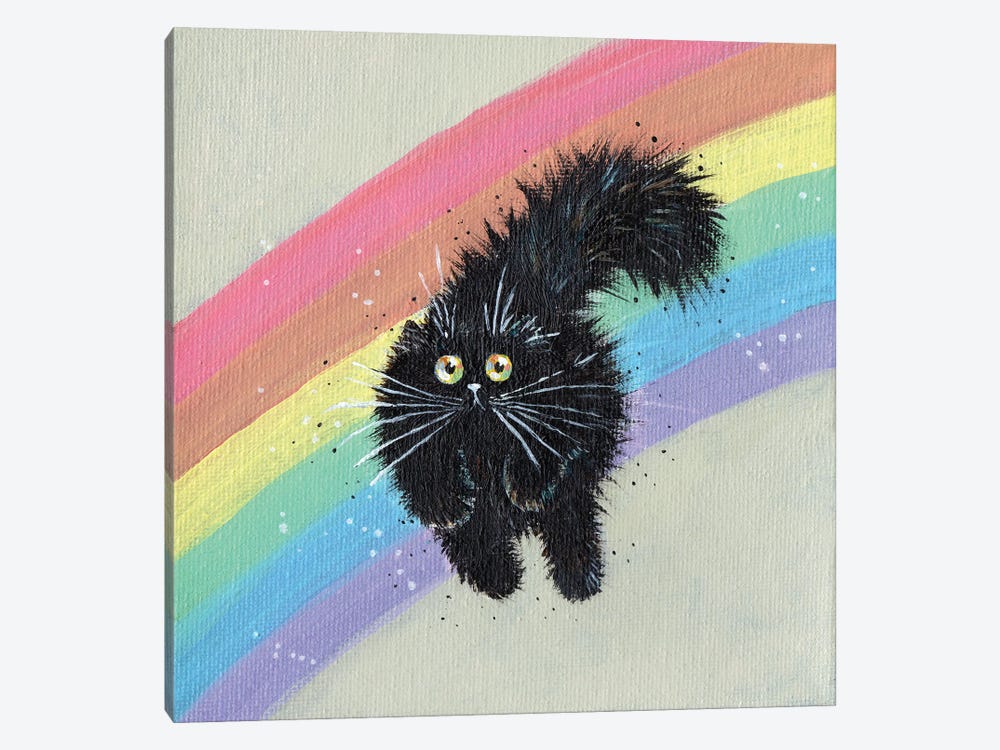 Rainbow Running Black Cat by Kim Haskins 1-piece Canvas Print