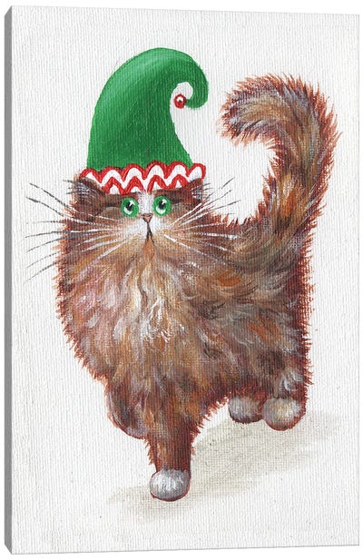 Elf Kitten In A Green Hat Canvas Art Print - Christmas Animal Art