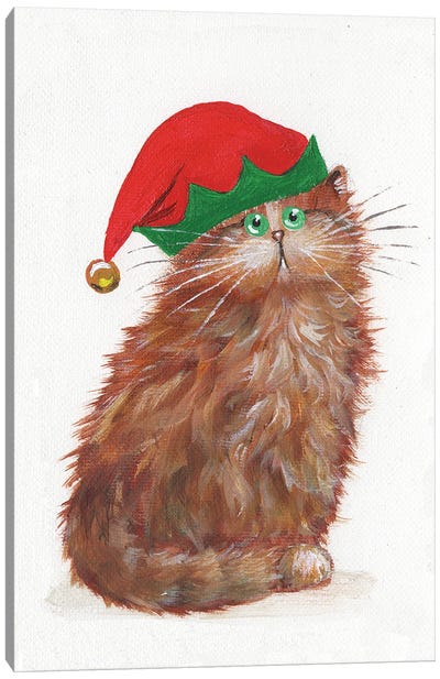 Elf Kitten In A Red Hat Canvas Art Print - Christmas Animal Art