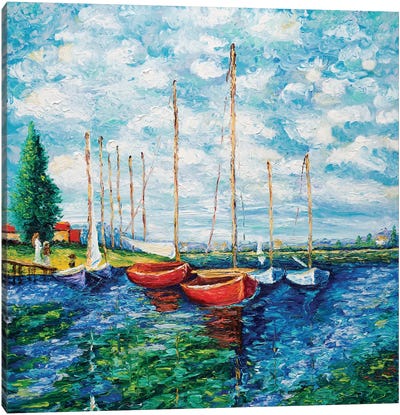 Red Boats (Tribute To Monet) Canvas Art Print - Nautical Art