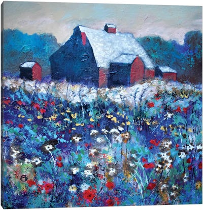 Flowers By Red Barn Canvas Art Print - Barns