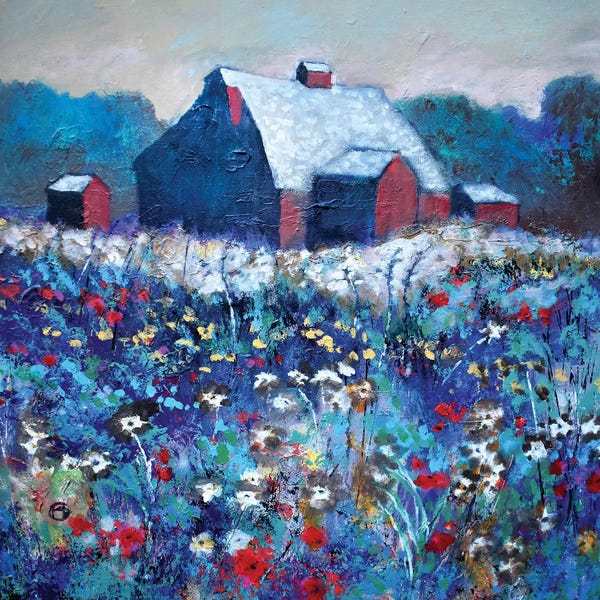 Kip Decker: Flowers By Red Barn by Kip Decker