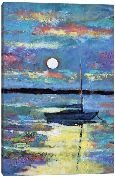 Moon Over A Sailboat Canvas Art Print - Kip Decker