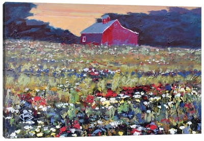 Red Barn And Flowers Canvas Art Print - Best Selling Floral Art
