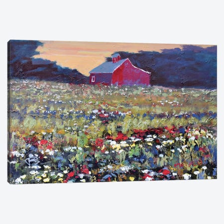 Red Barn And Flowers Canvas Print #KIP35} by Kip Decker Canvas Art