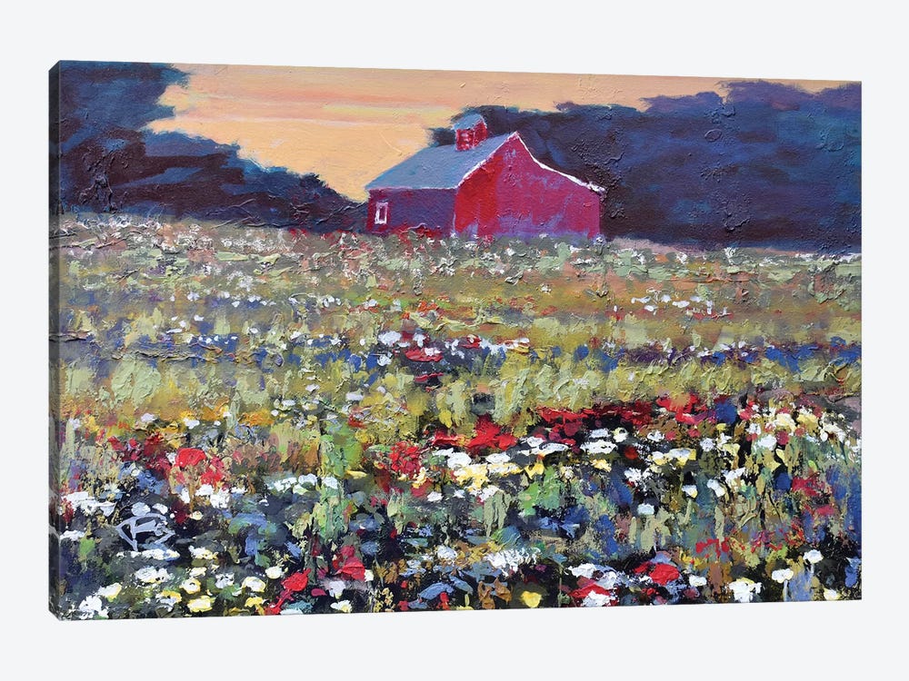 Red Barn And Flowers by Kip Decker 1-piece Canvas Artwork