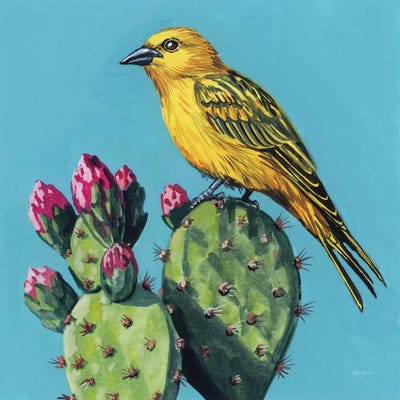 Yellow Bird On Cacti Bloom by Kate Jarvik Birch framed wall art