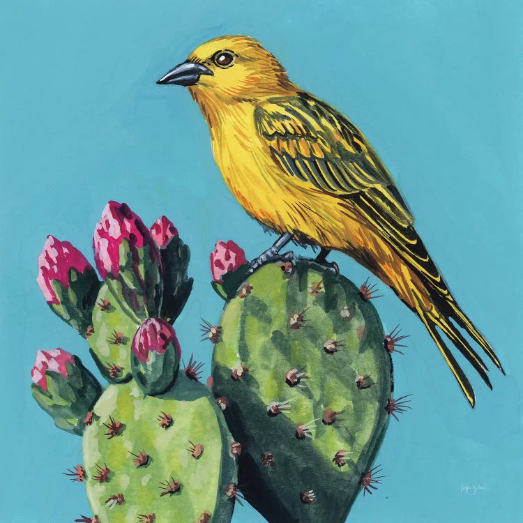 Yellow Bird On Cacti Bloom by Kate Jarvik Birch wall art
