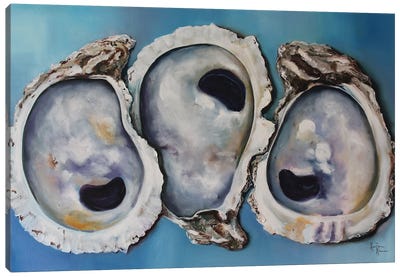 Oyster Shells On Blue Canvas Art Print - Seafood Art