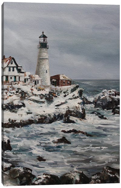 Lighthouse In Winter Canvas Art Print - Kristine Kainer