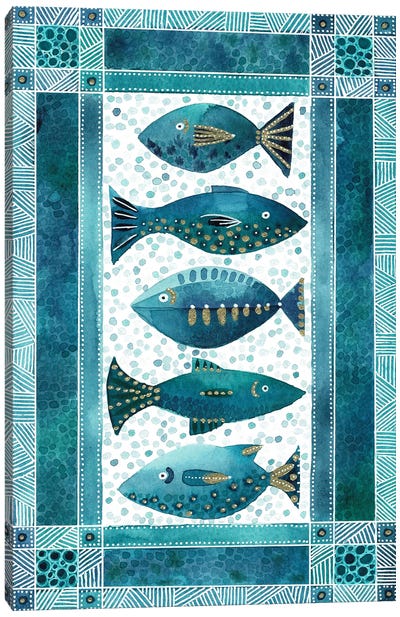 Little Fishes Canvas Art Print - Gold & Teal Art