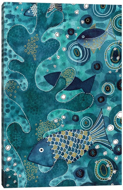 Underwater Seaweed Shoal Canvas Art Print - Blue & Gold Art