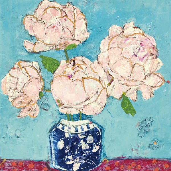 Peonies: Vase of Peonies Aqua Coral by Kellie Day