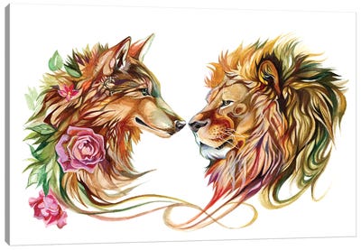 Wolf And Lion Canvas Art Print - Wolf Art