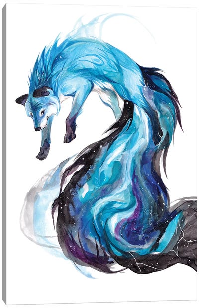 Galaxy Fox Canvas Art Print - Black, White & Blue Art