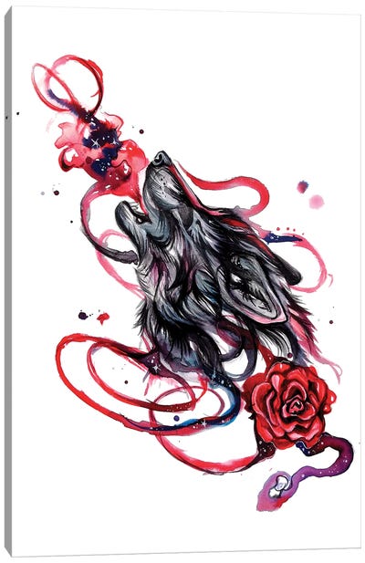 Howling Wolf with Rose Canvas Art Print - Black, White & Red Art