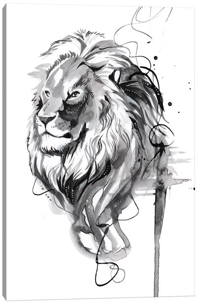 Ink Wash Lion Canvas Art Print - White Art