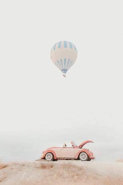 Pink Car And Hot Air Balloon by Karen Mandau art print