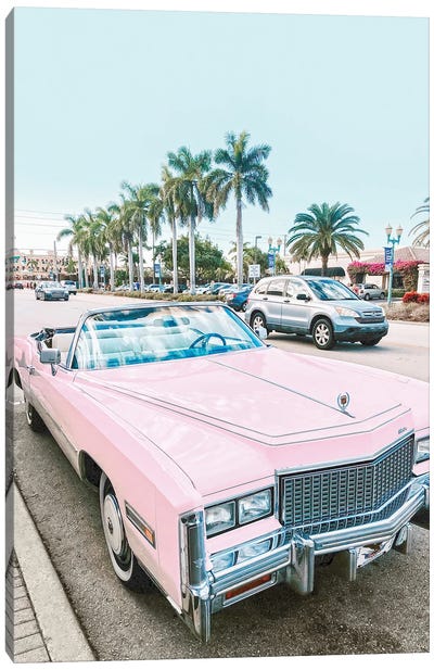 Pink Retro Car In Los Angeles Canvas Art Print - Barbiecore
