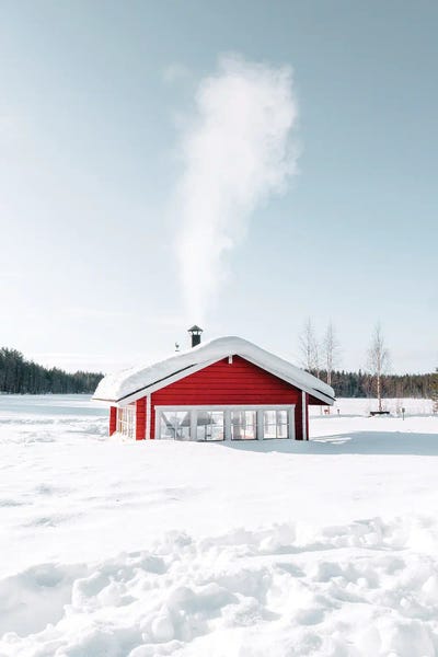 Snowed-In Red Hut With Smoking Chimney by Karen Mandau art print