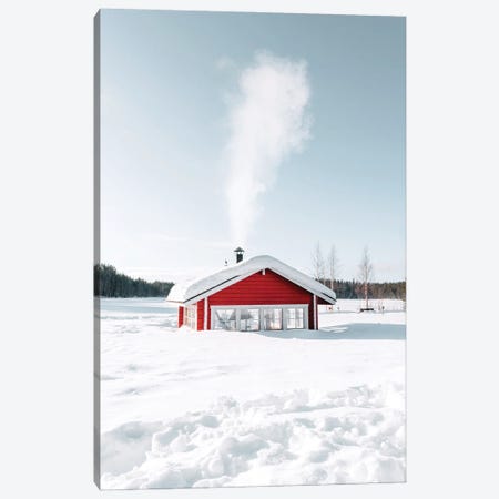 Snowed-In Red Hut With Smoking Chimney Canvas Print #KMD124} by Karen Mandau Canvas Artwork