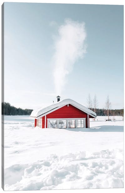 Snowed-In Red Hut With Smoking Chimney Canvas Art Print - Karen Mandau