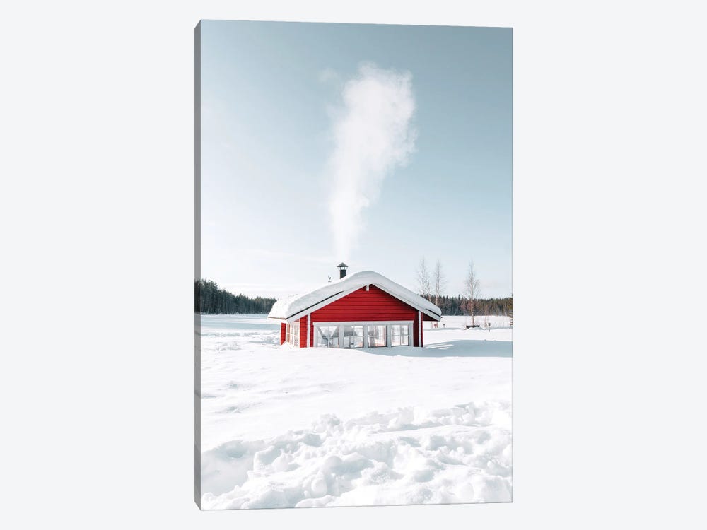 Snowed-In Red Hut With Smoking Chimney by Karen Mandau 1-piece Canvas Wall Art