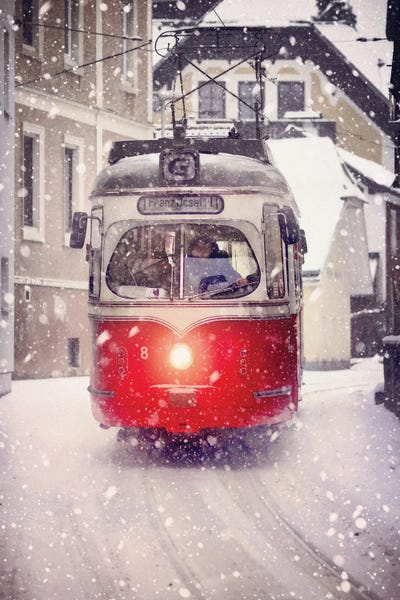 Red Tramway In The Snow by Karen Mandau art print