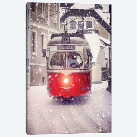 Red Tramway In The Snow Canvas Print #KMD127} by Karen Mandau Canvas Wall Art