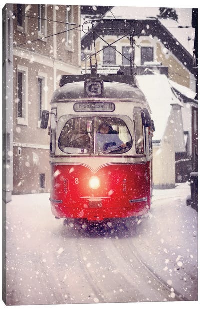 Red Tramway In The Snow Canvas Art Print - Karen Mandau
