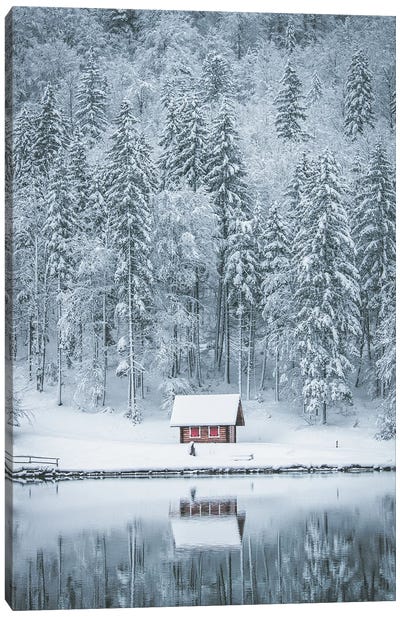 Red Lake Cabin Canvas Art Print - Cabins