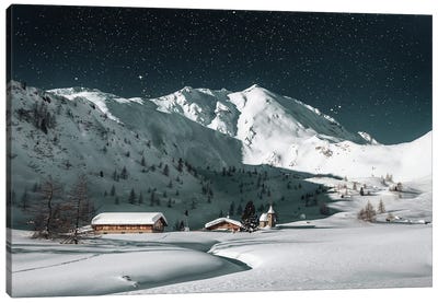 Snow Valley At Night Canvas Art Print - Karen Mandau