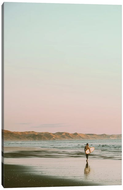 Surfer Walking On The Beach Canvas Art Print - Authenticity