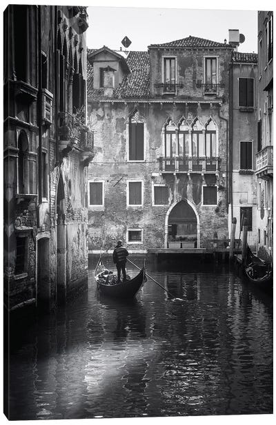 Venice Canal With Gondola Black And White Canvas Art Print - Black & White Cityscapes