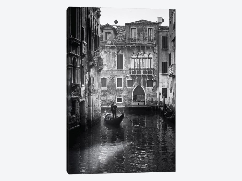 Venice Canal With Gondola Black And White by Karen Mandau 1-piece Canvas Art Print