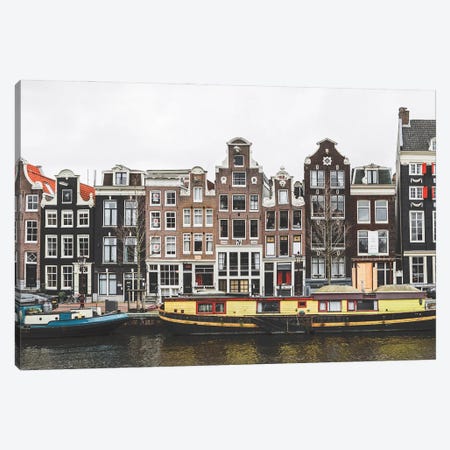 Amsterdam Gracht With Boats Canvas Print #KMD168} by Karen Mandau Canvas Print