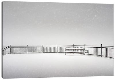 Bench In The Snow Canvas Art Print - Karen Mandau