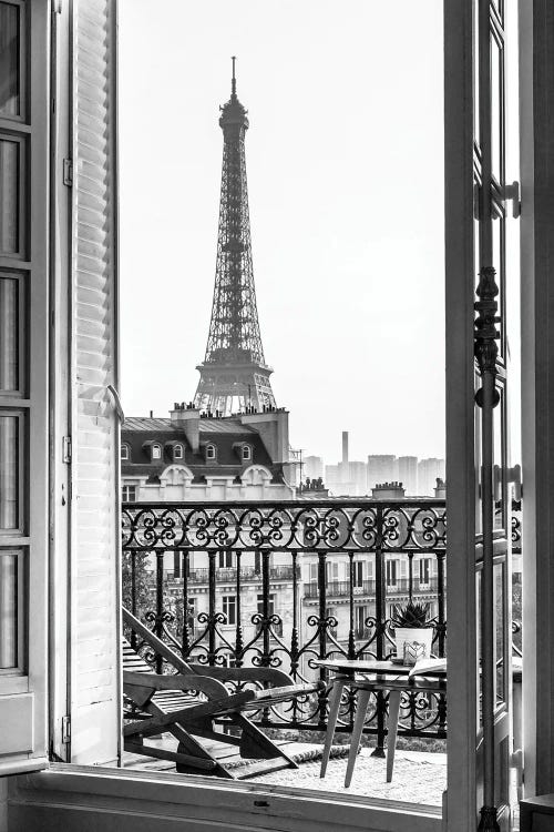 Eiffel Tower View From Paris Balcony Black And White by Karen Mandau wall art