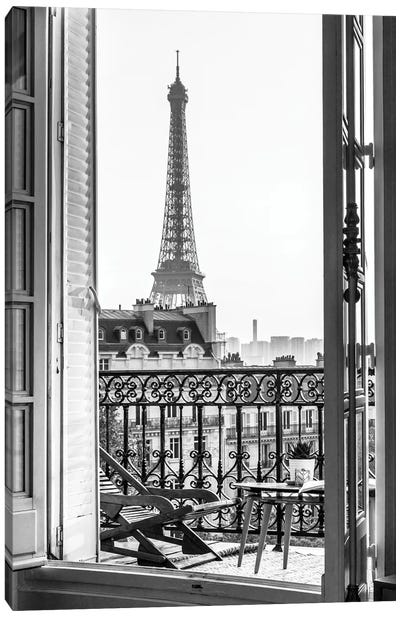 Eiffel Tower View From Paris Balcony Black And White Canvas Art Print - Famous Buildings & Towers