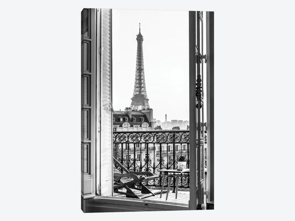 Eiffel Tower View From Paris Balcony Black And White by Karen Mandau 1-piece Canvas Art