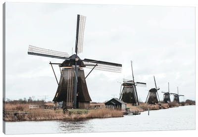 Dutch Windmills At Kinderdijk Canvas Art Print - Watermill & Windmill Art