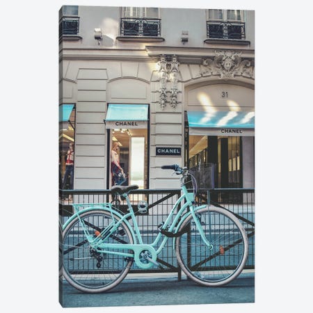 Blue Bike In Front Of Chanel Store Canvas Print #KMD22} by Karen Mandau Canvas Art Print