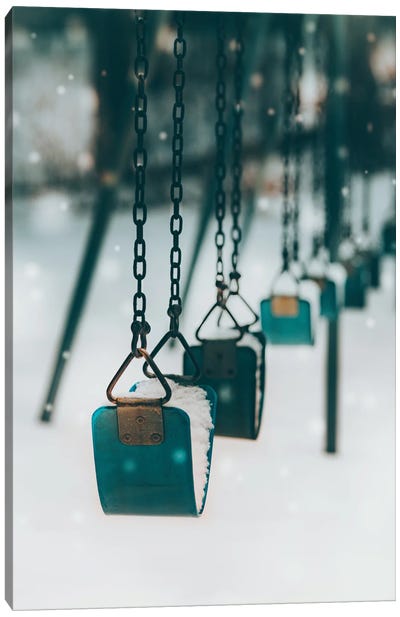 Blue Swings In The Snow Canvas Art Print - Karen Mandau