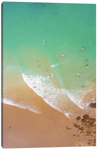 Aerial Beach With Surfers Canvas Art Print - Karen Mandau