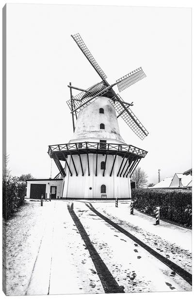 Dutch Windmill In The Snow Canvas Art Print - Watermill & Windmill Art