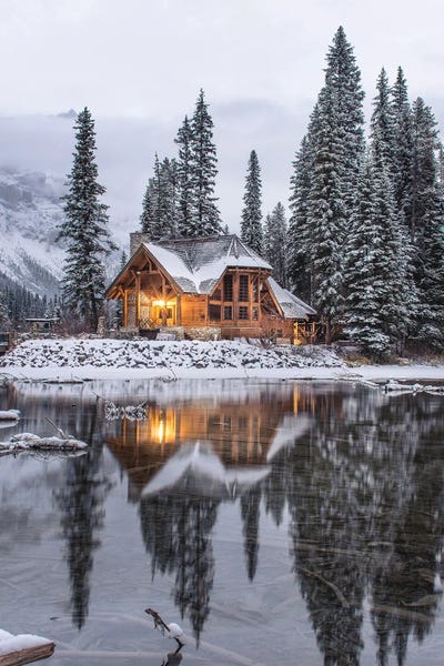 Emerald Lake Cabin In The Snow by Karen Mandau art print