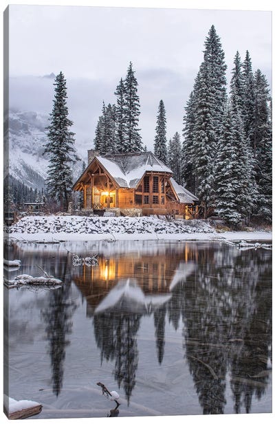 Emerald Lake Cabin In The Snow Canvas Art Print - Karen Mandau