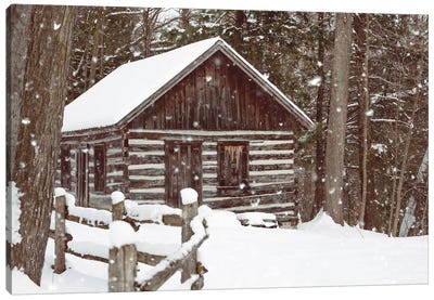 Forest Log Cabin In The Snow Canvas Art Print - Karen Mandau