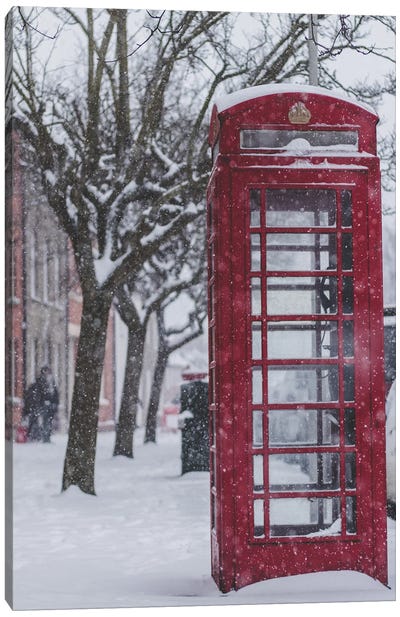 London Phone Booth In The Snow Canvas Art Print - Karen Mandau