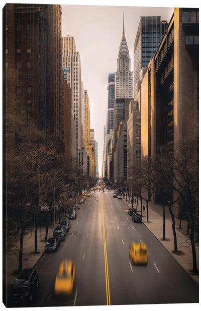 New York City Street With Yellow Cabs Canvas Art Print - Action Shot Photography